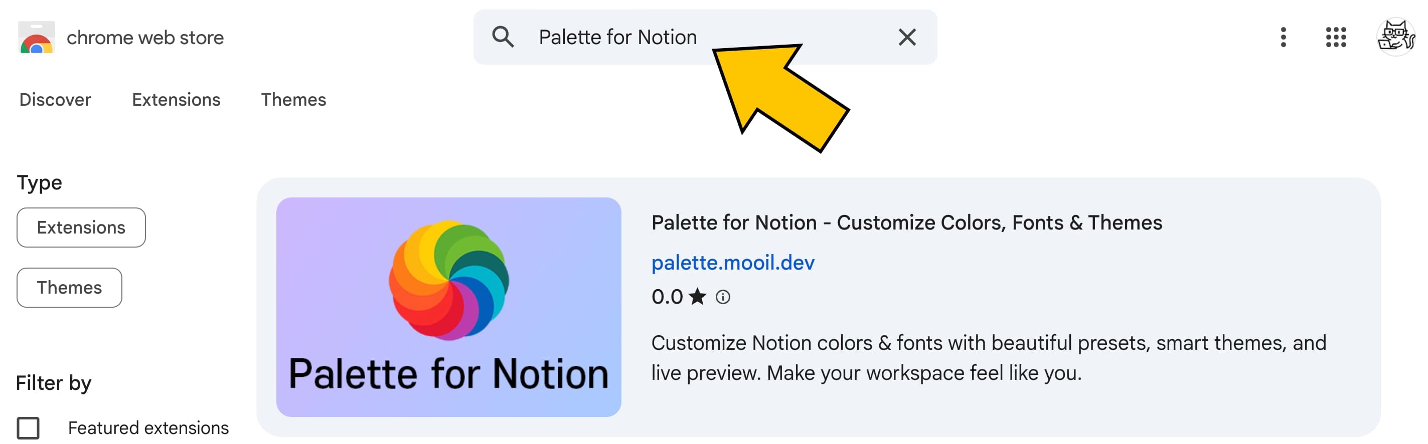 Search on chrome web store 'Palette for Notion'
