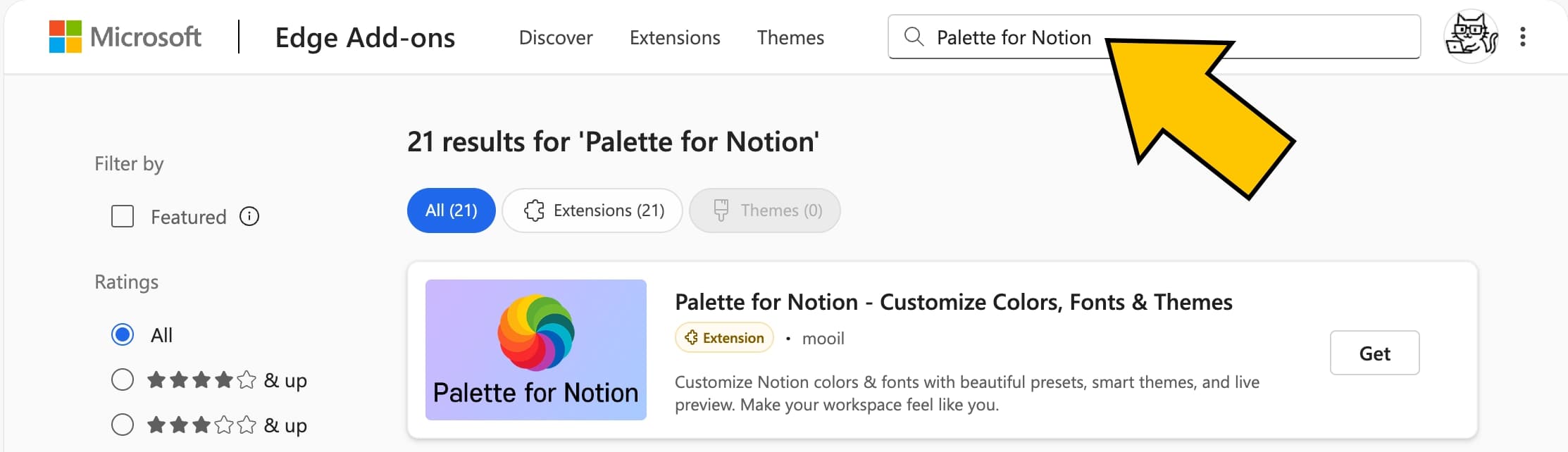 Search on edge add on store 'Palette for Notion'